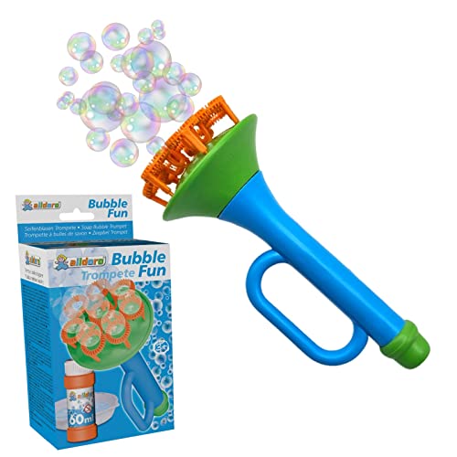 alldoro 60623 Fun Seifenblasen Trompete mit 60ml Seifenblasenflüssigkeit und Schale, Multi Bubble Seifenblasenmaschine, Trumpet ca. 15,2 x 6,5 x 6,5 cm, für Kinder ab 3 Jahren, Blau/Grün von alldoro