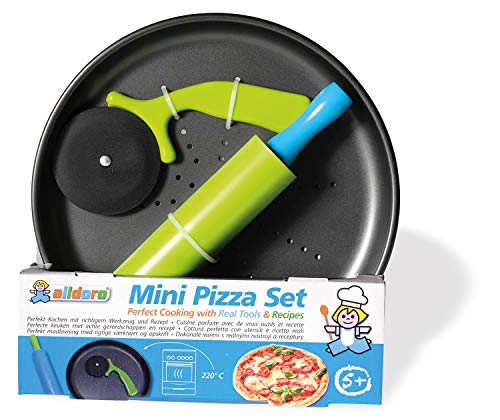 alldoro 61520 Pizzaset, 3 teiliges Backset mit ca. 23 cm runden Backblech, Kochset mit Blech, Schneider und Teigroller, auch für Flammkuchen und Baguettes, für Kinder ab 5 Jahren, Mini Pizza Set von alldoro