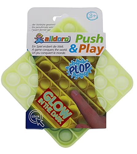 alldoro 63068 Play Silikon Fidget Spielzeug ca. 12 cm eckig, Pop it Anti Stress Fingerspielzeug, Bubble Push Toy für Stressabbau, für Kinder und Erwachsene, Glow in The Dark Gelb, Quadrat von alldoro