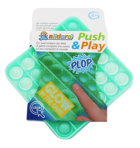 alldoro 63069 Play Silikon Fidget Spielzeug ca. 12 cm eckig, Pop it Anti Stress Fingerspielzeug, Bubble Push Toy für Stressabbau, für Kinder und Erwachsene, Glow in The Dark Grün, Quadrat von alldoro