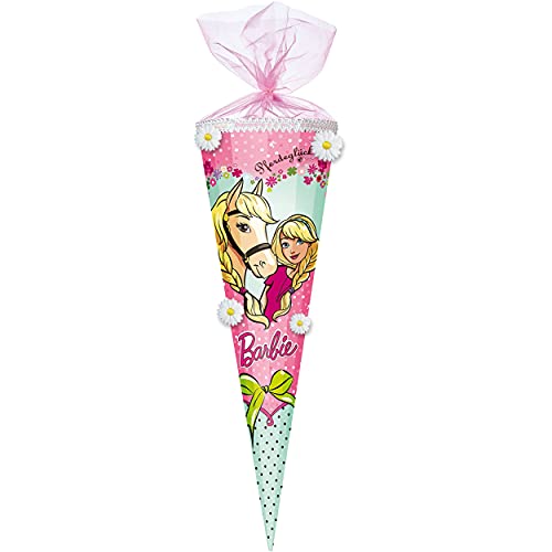 3-D Blumen Applikation ! - Schultüte - kompatibel mit Barbie - Pferdemotiv - 85 cm / 12 eckig - Organza Abschluß - Zuckertüte - mit/ohne Kunststoff Sp.. von alles-meine.de GmbH