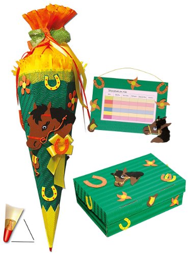 3 TLG. Set: BASTELSET Schultüte - Pferd Tiere Pferde 85 cm + Schulbox + Stundenplan - Zuckertüte Roth - Mädchen Jungen Blumen zum Basteln Schulanfang von alles-meine.de GmbH