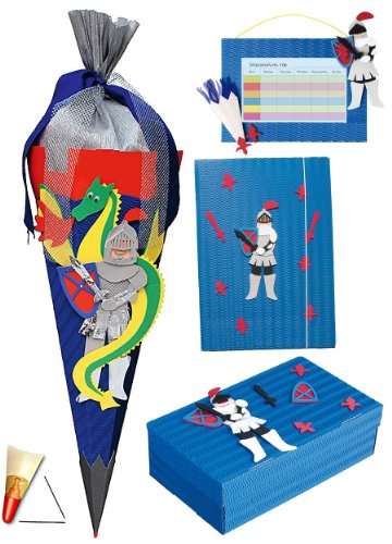 4 TLG. Set: Bastelset Schultüte - 85 cm + Schulbox/Kreativbox + Mappe + Stundenplan - Ritter - Ritter -Burg Jungen - Zuckertüte Roth Schule Basteln .. von alles-meine.de GmbH