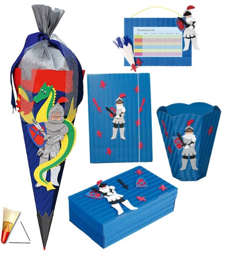 5 TLG. Set: Bastelset Schultüte - 85 cm + Schulbox/Kreativbox + Mappe + Stundenplan + Papierkorb - Ritter - Ritter -Burg Jungen - Zuckertüte Roth Sc.. von alles-meine.de GmbH