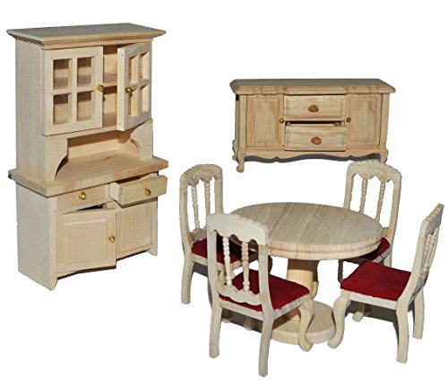 7 TLG. Set: Speisezimmer/Eßzimmer aus hellem Natur Holz - Miniatur - Schrank + 4 Stühle + Tisch + Kommode - Puppenstubenmöbel für Puppenstube Maßstab 1:12 -.. von alles-meine.de GmbH