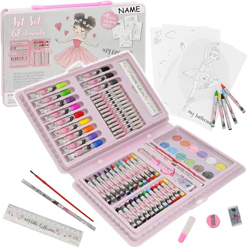 80 TLG. Set XL Stifte-Koffer - Ballerina - Prinzessin - inkl. Name - Malkoffer mit Stiften + Filzstifte + Sticker + Stempel + Buntstifte + Wasserfarben + Öl.. von alles-meine.de GmbH