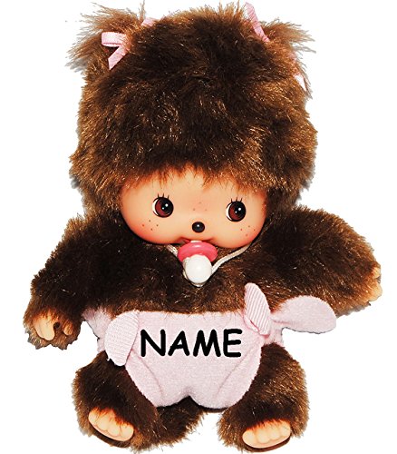 alles-meine.de GmbH Bebichhichi - Monchhichi - Mädchen - Baby mit Windel/Windelhose mit Schnuller - 2 Zöpfe im Haar - incl. Name - 15 cm - Bekleidung ausziehbar - Plüschtie.. von alles-meine.de GmbH