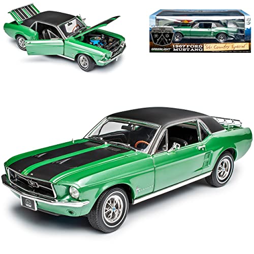 alles-meine.de GmbH Ford Mustang I 2. Generation Coupe Grün mit Streifen in Schwarz Ski Country Special 1967-1968 1/18 Greenlight Modell Auto mit individiuellem Wunschkennzeichen von alles-meine.de GmbH