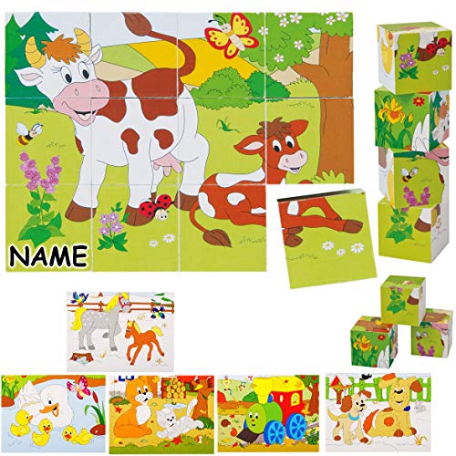 Holz - Bilderwürfel/Würfelpuzzle - Tiere - Eisenbahn & Jahreszeiten - inkl. Name - Puzzle 12 Teile/Bausteine - mit Vorlagen - für Baby Kinder/Mädchen Ju.. von alles-meine.de GmbH