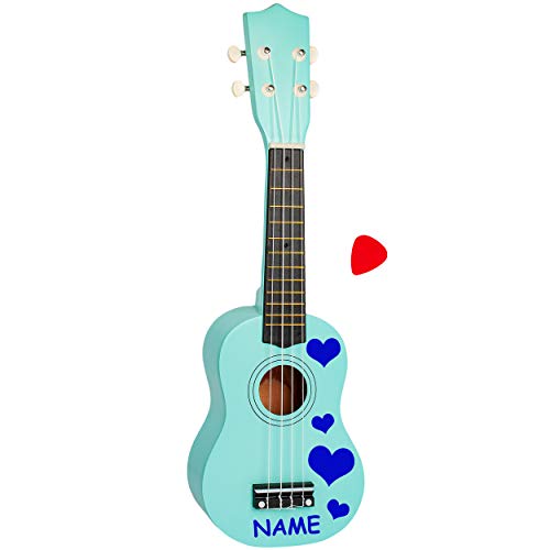 Kinder - Gitarre / Ukulele - aus Holz - Motiv & Farbwahl - türkis blau & Herzen blau - inkl. Name - hochwertige Konzertgitarre - 55 cm - Klassik - akustische .. von alles-meine.de GmbH
