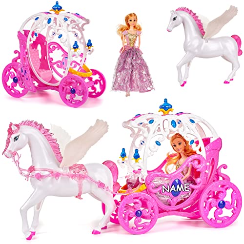 Puppen Kutsche mit Pferd Pegasus & Puppe - pink inkl. Name - passend für Barbie Puppen - Steffi Love - LOL Surprise Spielzeug Puppe - Prinzessin Pferdekut.. von alles-meine.de GmbH