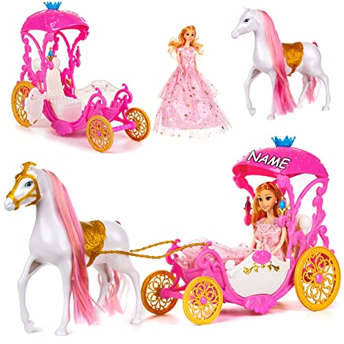 Puppen Kutsche mit Pferd & Puppe - pink inkl. Name - passend für Barbie Puppen - Steffi Love - LOL Surprise Spielzeug Puppe - Prinzessin Pferdekutsche - M.. von alles-meine.de GmbH