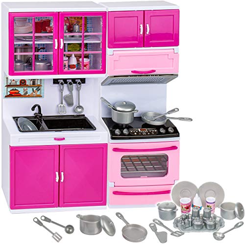 Puppenhaus Möbel - Sound & Licht - 31 cm groß - Spüle + Vorratsschank + Backofen + Herd - mit Zubehör - Miniatur Puppenstube Küche - passend für alle gängigen.. von alles-meine.de GmbH