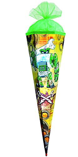 Schultüte - Roboter - grün - 35 cm - rund - mit Tüllabschluß - Zuckertüte Roth - mit/ohne Kunststoff Spitze - für Jungen/Geschenktüte/Werkzeuge - FA.. von alles-meine.de GmbH