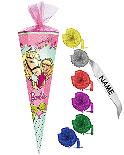 Schultüte - kompatibel mit Barbie - Pferdeglück - 50 cm - rund - incl. individueller Schleife - mit Tüllabschluß - Zuckertüte - mit/ohne Kunststoff Spit.. von alles-meine.de GmbH