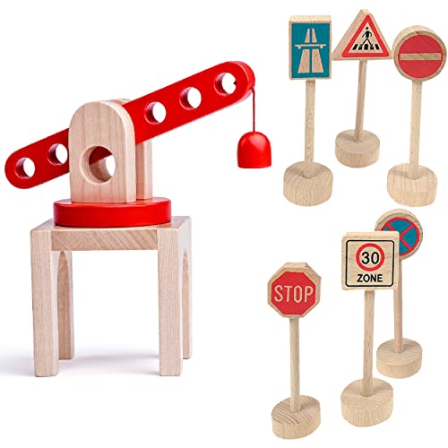 Set: Magnet - Kran + 6 Verkehrszeichen - für Holz Eisenbahn - Kranset - passend für alle Schienen-Systeme & Straßen - z.B. Brio/Heros/Eichhorn/IKEA/Wo.. von alles-meine.de GmbH