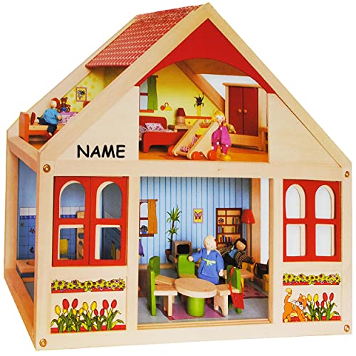 XL Puppenhaus aus Holz incl. Namen - Wohnhaus/Puppenstube - von Seite bespielbar - Haus - Spielhaus - z.B. für Biegepuppen Maßstab 1:12 - Puppenstuben - für.. von alles-meine.de GmbH