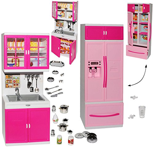 XL Set: Kühlschrank mit Eiswürfelspender & Spühle - mit Zubehör - Geschirr & Töpfe - für Puppenhaus - Miniatur für Puppenstube - passend für alle gängigen Mod.. von alles-meine.de GmbH