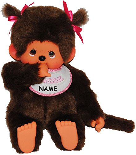 alles-meine.de GmbH XXL Mädchen Monchhichi - incl. Name - mit 2 Zöpfe - 45 cm - Plüschtier/Kuscheltier - mit rotem Lätzchen - Monchichi - rosa Pinker Latz - groß - AFFE - K.. von alles-meine.de GmbH