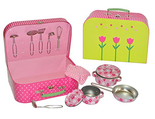 alles-meine.de GmbH 13 TLG. Kochset - Koffer mit Metall Geschirr - Spiel Set - Küche Zubehör Koffer - Töpfe Kochtopf für Kinder - Puppengeschirr - Kindertöpfe Kochtöpfe - rosa fü.. von alles-meine.de GmbH