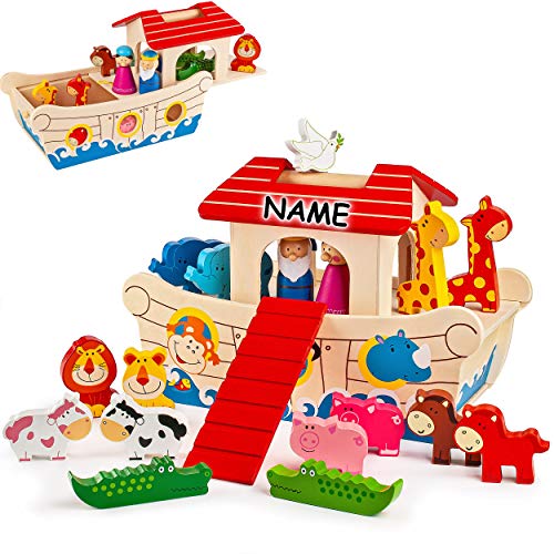 alles-meine.de GmbH 19 TLG. Set - Spielwelt Arche Noah - Schiff + Tiere - inkl. Name - 28 cm - bespielbar/Holzfiguren - Spielzeug Set Welt - Holztiere - Spielset - Spielewelt.. von alles-meine.de GmbH