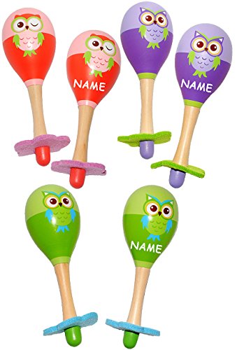 alles-meine.de GmbH 2 Stück Rasseln - lustige Eulen - Bunte Farben - incl. Name - aus Holz - für Babys - Kinder & Erwachsene - Maracas/Rumba & Samba Rassel - Musikinstrum.. von alles-meine.de GmbH