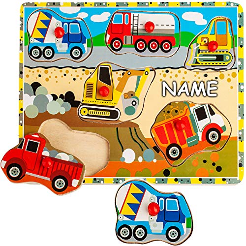 alles-meine.de GmbH 2 Stück Steckpuzzle mit Griff - Motivwahl - Auto & Fahrzeuge - Baustelle - inkl. Name - aus Holz - 6 Teile - großes Holzpuzzle/Einlegepuzzle - Legespiel -.. von alles-meine.de GmbH