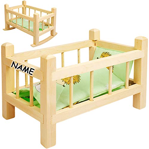 alles-meine.de GmbH 2 in 1: Puppenbett & Puppenwiege - aus Holz - UMBAUBAR - mit Bettzeug - Jungen Farben - inkl. Name - 34 cm lang - Bett aus Naturholz - für Puppen - Decke .. von alles-meine.de GmbH