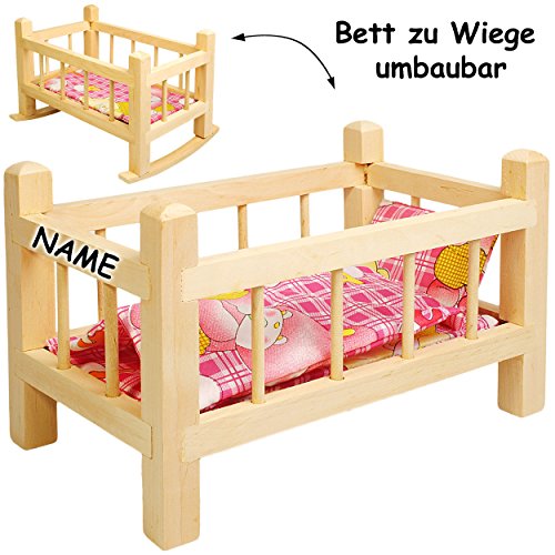 alles-meine.de GmbH 2 in 1: Puppenbett & Puppenwiege - aus Holz - UMBAUBAR - mit Bettzeug - Mädchen Farben - inkl. Name - 34 cm lang - Bett aus Naturholz - für Puppen - Decke.. von alles-meine.de GmbH