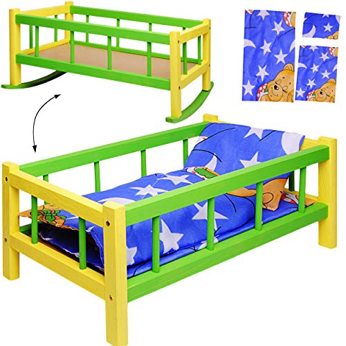 alles-meine.de GmbH 2 in 1: großes Puppenbett & Puppenwiege - Holz - UMBAUBAR - 43 cm lang - mit Bettzeug - Bett - Bunte Farben - Holzwiege Schaukelbett - für Puppen groß Mädchen.. von alles-meine.de GmbH