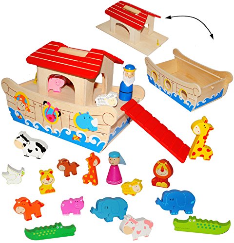 alles-meine.de GmbH 21 TLG. Set - Arche Noah mit Tieren und Figuren - aus Holz - incl. Spielfiguren - Holzschiff mit Geheim Versteck & abnehmbaren Aufsatz/Zootiere/Tiere .. von alles-meine.de GmbH