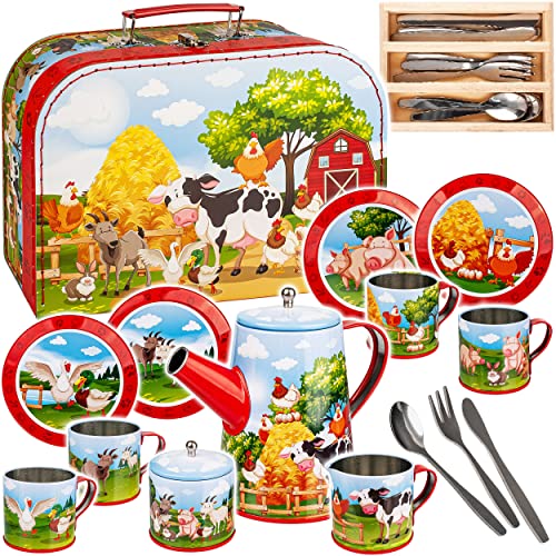 alles-meine.de GmbH 27 TLG. großes Set Picknick Koffer - Puppengeschirr/Kaffeeservice & Teeservice - Bauernhof Tiere - Geschirr aus Blech - Metall - Blechgeschirr - Kinderküc.. von alles-meine.de GmbH