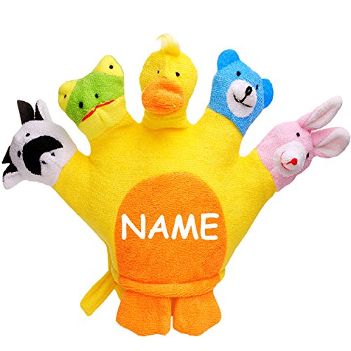 alles-meine.de GmbH 3-D Effekt Waschhandschuh/Handpuppe - 5 Finger - lustige Tiere Frosch - Ente - Teddy - Hase - Kuh - inkl. Name - ab Geburt / 0 Monate - Frottee - 10.. von alles-meine.de GmbH