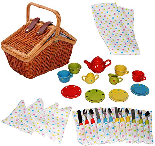 alles-meine.de GmbH 30 TLG. Set: Picknickkorb - mit Geschirr aus Porzellan/Keramik - Teeservice & Kaffeeservice - Bunte Punkte - Picknick Körbchen - Küche Zubehör Koffer - für .. von alles-meine.de GmbH