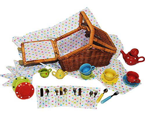 alles-meine.de GmbH 33 TLG. Set Picknick Korb/Puppengeschirr - mit Porzellan/Keramik Geschirr - Spiel Küche Zubehör Deko - für Kinder Mädchen & Jungen - gepunktet - Polka Dot.. von alles-meine.de GmbH