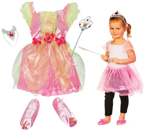 alles-meine.de GmbH 4 TLG. Kostüm Prinzessin/Ballerina - 2 bis 4 Jahre - Gr. 98-110 - Kleid rosa/grün, Schuhe & Schmuck & Zauberstab - für Kinder Kind Kinderkostüm - Bl.. von alles-meine.de GmbH