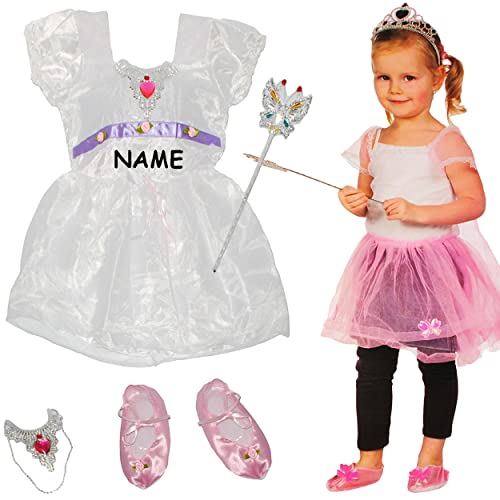 alles-meine.de GmbH 4 TLG. Kostüm Prinzessin/Ballerina - 2 bis 4 Jahre - Gr. 98-110 - incl. Name - Kleid weiß, Schuhe & Schmuck - für Kinder Kind Kinderkostüm - Blumenstr.. von alles-meine.de GmbH