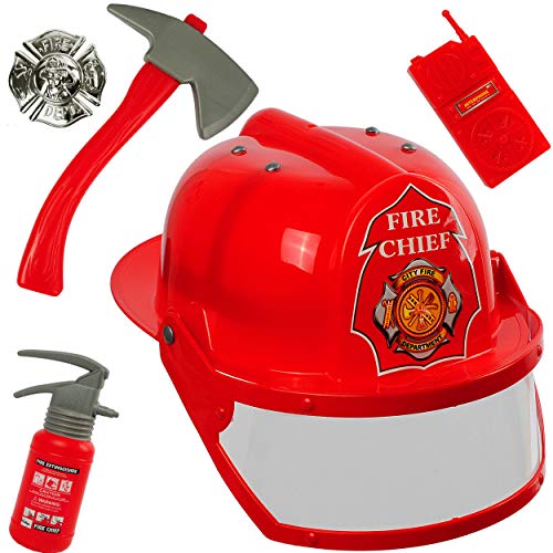 alles-meine.de GmbH 5 TLG. Set: Feuerwehrmann Zubehör + Helm - verstellbar + mitwachsend - mit Hammer + Handy + Feuerlöscher + Abzeichen - Kinder/Feuerwehrhelm Visier für Feuer.. von alles-meine.de GmbH