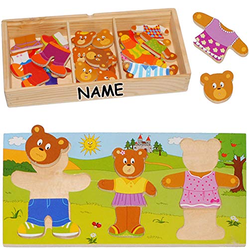 alles-meine.de GmbH 55 TLG. Set - Legespiel/Legepuzzle - aus Holz - lustige Bärenfamilie mit Bekleidung - incl. Name - Anziehsachen - Tier Holzfigur zum Schieben/Ziehen - Mot.. von alles-meine.de GmbH