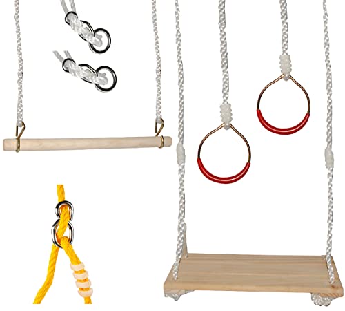 alles-meine.de GmbH 6 TLG. Turnschaukel Set Schaukel aus Holz & Ringe & Trapez & 2 Seile/Kinderschaukel - Höhen verstellbar - Turngeräte - Holzschaukel Kinder - Sport für Inn.. von alles-meine.de GmbH