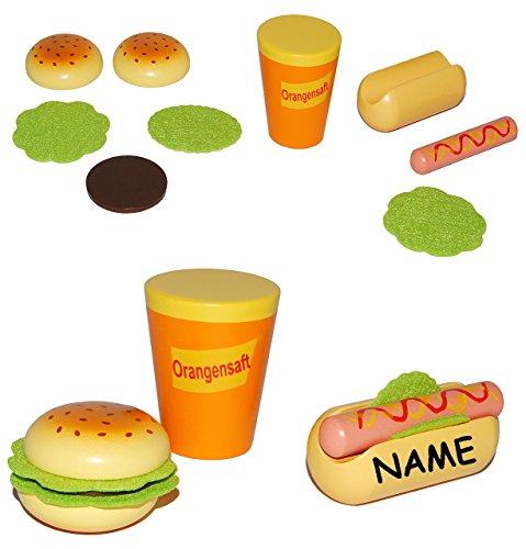 alles-meine.de GmbH 9 TLG. Set Hamburger + Hot Dog aus Holz zum selbst belegen - incl. Name - für Kinder Holzgemüse Früchteset - Kaufmannsladen Zubehör Kaufladen Holzfrüchte - Wi.. von alles-meine.de GmbH