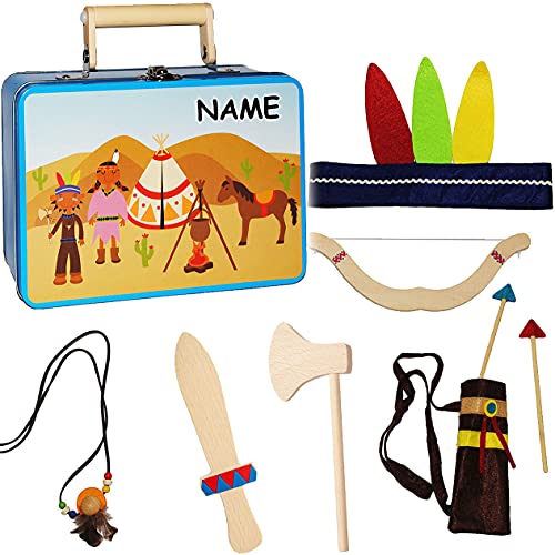 alles-meine.de GmbH 9 TLG. Set: Indianerkoffer - Spielset Indianer mit Zubehör - incl. Namen - aus Holz - Kostüm/Kopfschmuck & Deko für Kinder - Tomahawk/Pfeil Federn - I.. von alles-meine.de GmbH