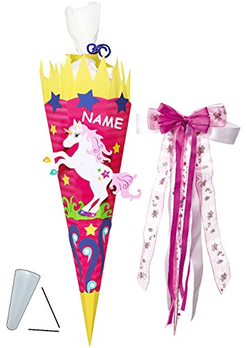 alles-meine.de GmbH BASTELSET Schultüte - Einhorn & Blumen - 85 cm - incl. großer Schleife + Name - mit/ohne Kunststoff Spitze - Zuckertüte - Set zum selber Basteln - 6 eck.. von alles-meine.de GmbH