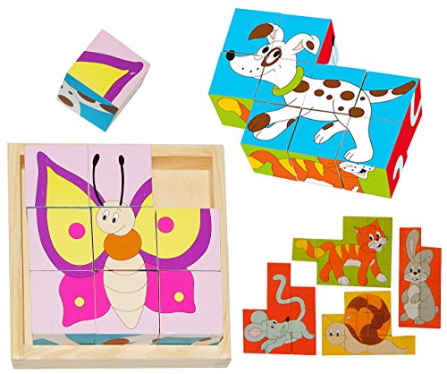 alles-meine.de GmbH Bilderwürfel/Würfelpuzzle aus Holz - Tiere - Puzzle 9 Teile - Asymmetrisch ! - Hund - Schmetterling - Katze - Schnecke - Maus - Hase - für Kinder/Mädchen .. von alles-meine.de GmbH