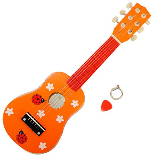 alles-meine.de GmbH Gitarre aus Holz mit Plektrum - Marienkäfer/Glückskäfer - Punkte orange - 6 Saiten stimmbar - Kindergitarre für Kinder Spielzeuggitarre für Jungen Mädch.. von alles-meine.de GmbH