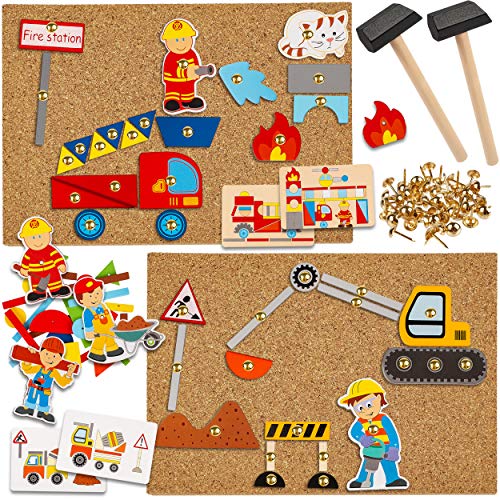 alles-meine.de GmbH Hammerspiel - 329 Teile Baustelle & Feuerwehr Auto/für Kinder - Klopfspiel Nagelspiel - Hämmerchenspiel - Holz bunt Nagel Hammer - Hämmerchen mit Korkplat.. von alles-meine.de GmbH