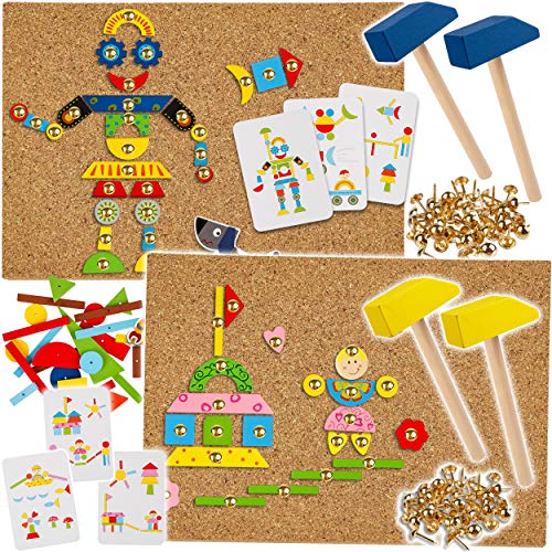 alles-meine.de GmbH Hammerspiel - 470 Teile bunter Mix/für Kinder - Klopfspiel Nagelspiel - Hämmerchenspiel - Holz bunt Nagel Hammer - Hämmerchen mit Korkplatte & Vorlagen - .. von alles-meine.de GmbH