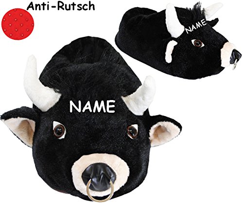 alles-meine.de GmbH Hausschuhe/Pantoffel - Bulle - Stier - incl. Name - Größe Gr. 43-44 - 45-46 - 47-48__ schön warm__ Plüschhausschuh/Tier - Tiere - für Kinder &.. von alles-meine.de GmbH