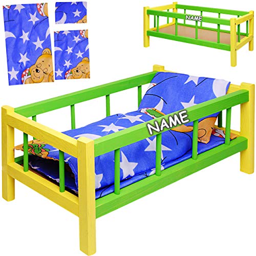 alles-meine.de GmbH Holz Puppenbett - 43 cm lang - inkl. Name - mit Bettwäsche - Jungen & Mädchen Farben - für große & kleine Puppen - Matratze Decke & Kopfkissen - Kinderbett Ba.. von alles-meine.de GmbH