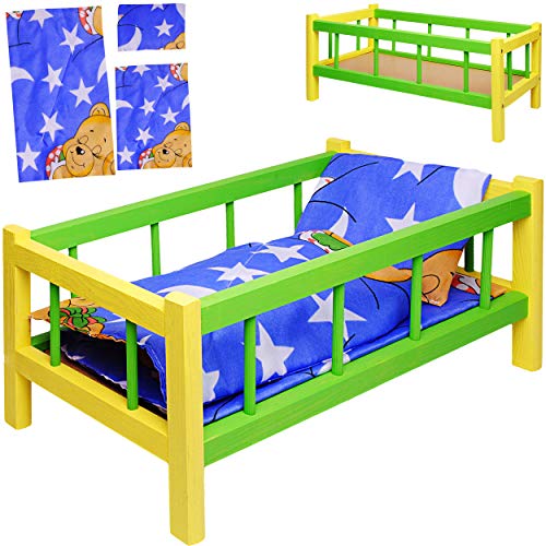 alles-meine.de GmbH Holz Puppenbett - 43 cm lang - mit Bettwäsche - Jungen & Mädchen Farben - für große & kleine Puppen - Matratze Decke & Kopfkissen - Kinderbett Baby - Puppe - .. von alles-meine.de GmbH